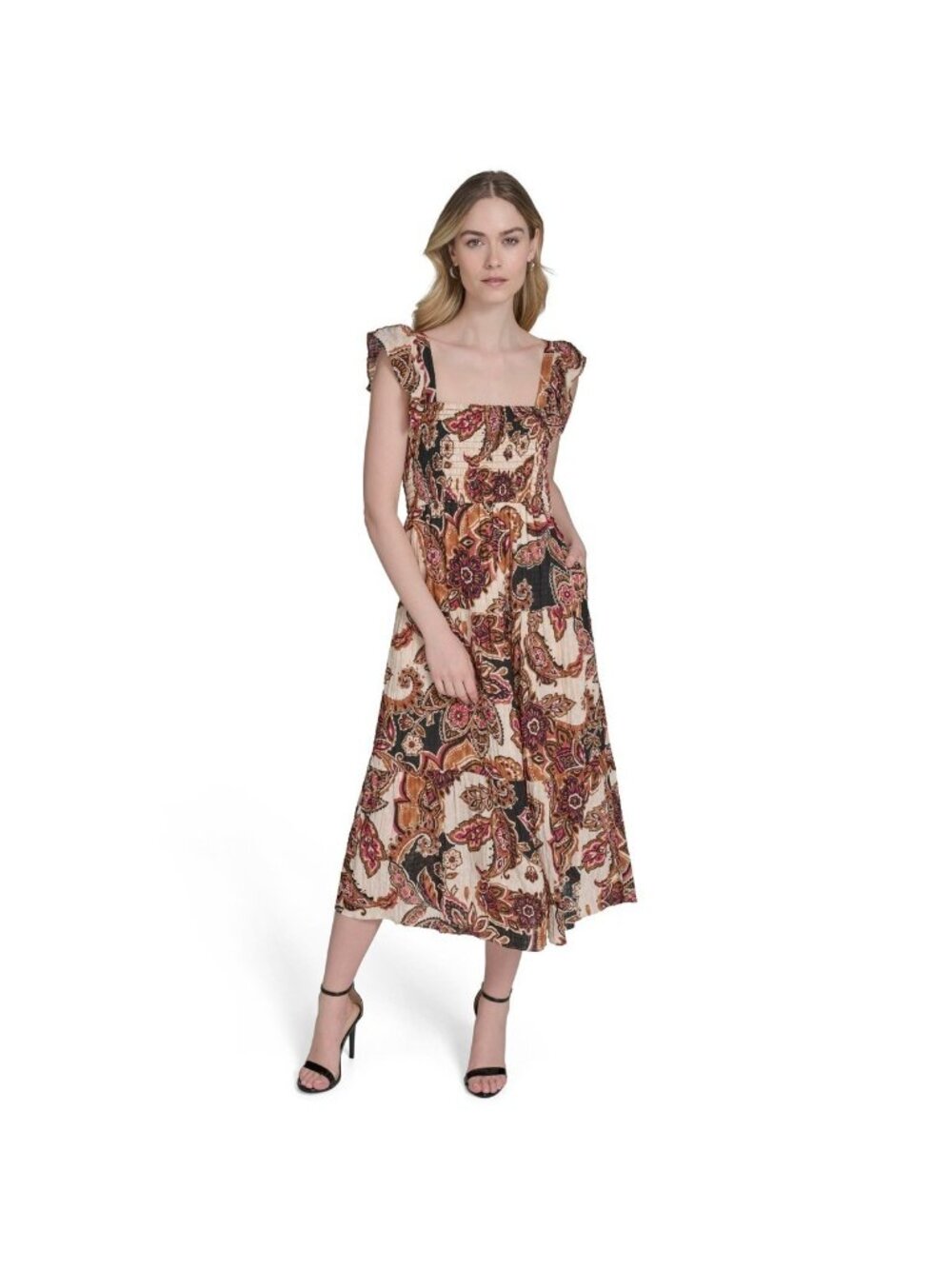 Vince Camuto Brown Sleeveless Square-Neck Ruffled-Shoulder Dress Size M $108